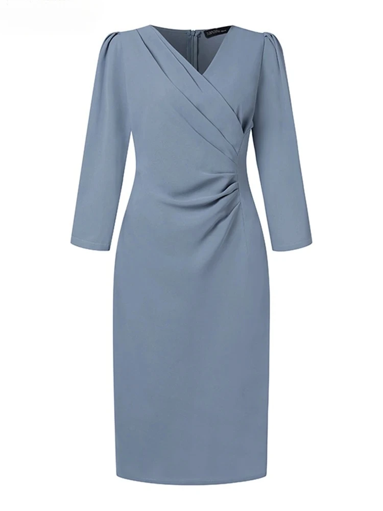 2025 Summer Fashion Women’s Dress - Sexy Solid Color Knee-Length Bodycon Sundress, Elegant 3/4 Sleeve V-Neck Work OL Vestidos