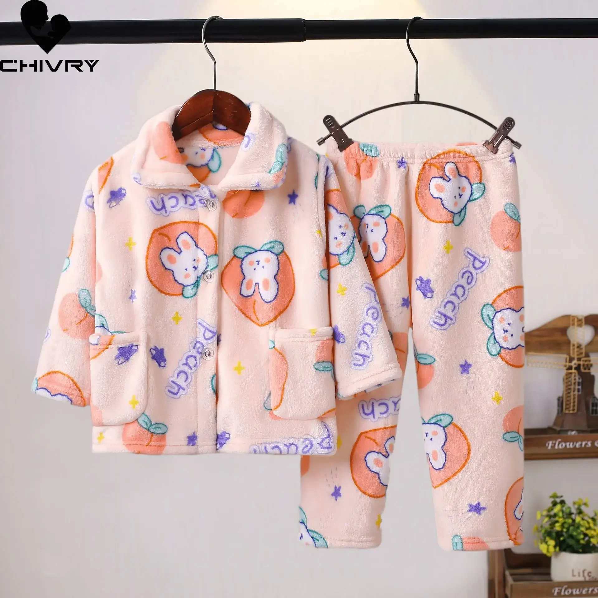 New 2023 Kids Flannel Pajama Sets Autumn Winter Boys Girls Warm Cartoon Long Sleeve Lapel Tops with Pants Sleeping Clothing Set