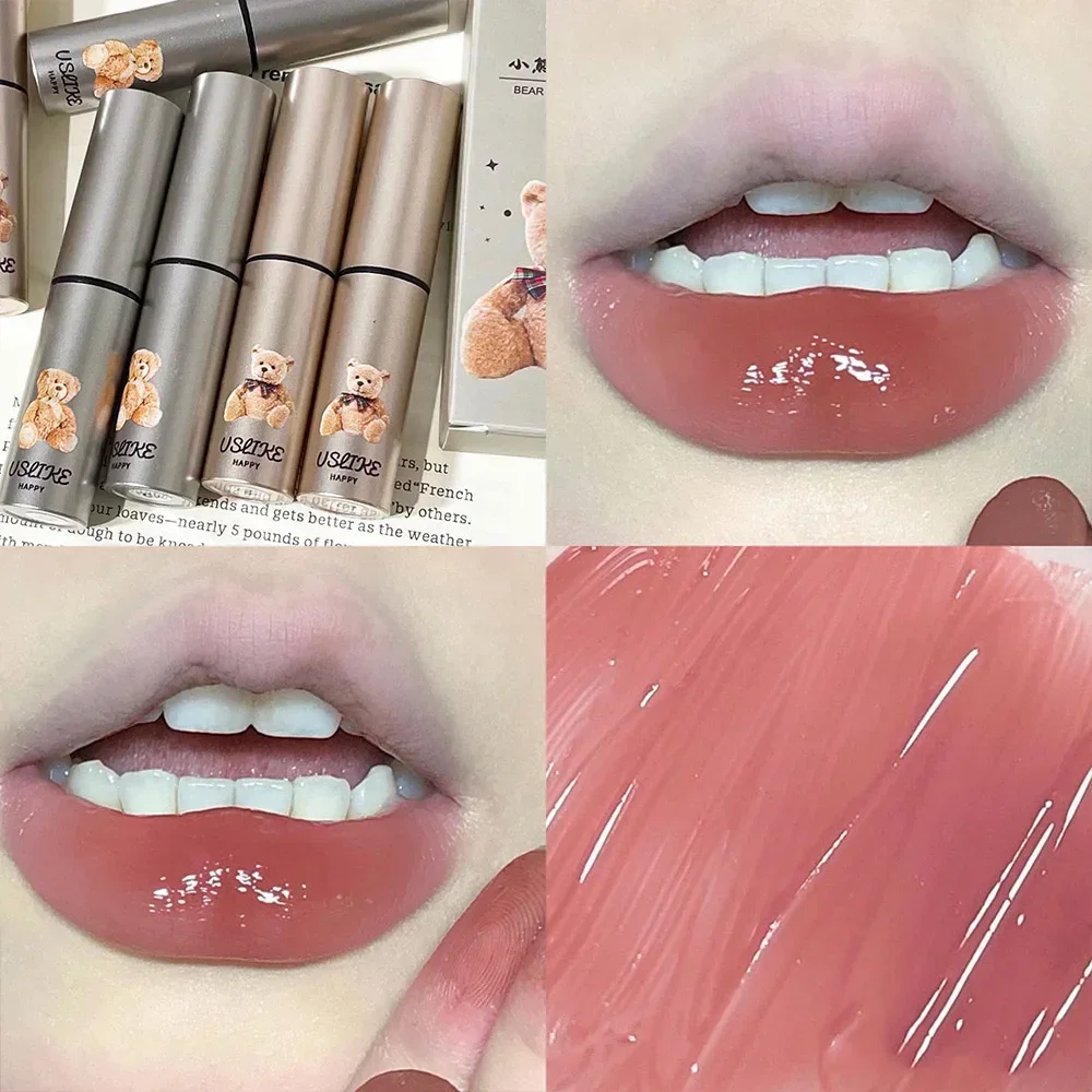 2023 Cute Bear Solid Lip Gloss Color Water Light Jelly Lipstick Girls Plumping Lips Makeup Moisturizing Lip Glaze Clear Lip Tint