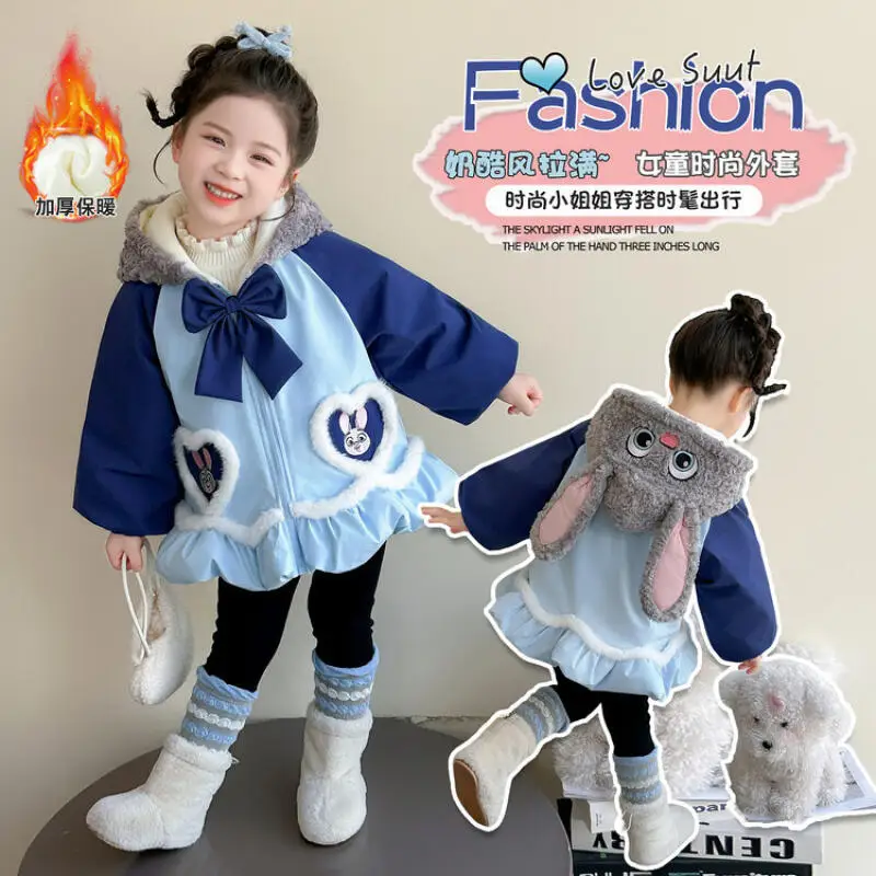 

Winter New Girl's Plush Thick Coat Cute Cartoon Children's Hooded Bow Cotton Coat Fashion Cotton Clothes for Girls' Clothing