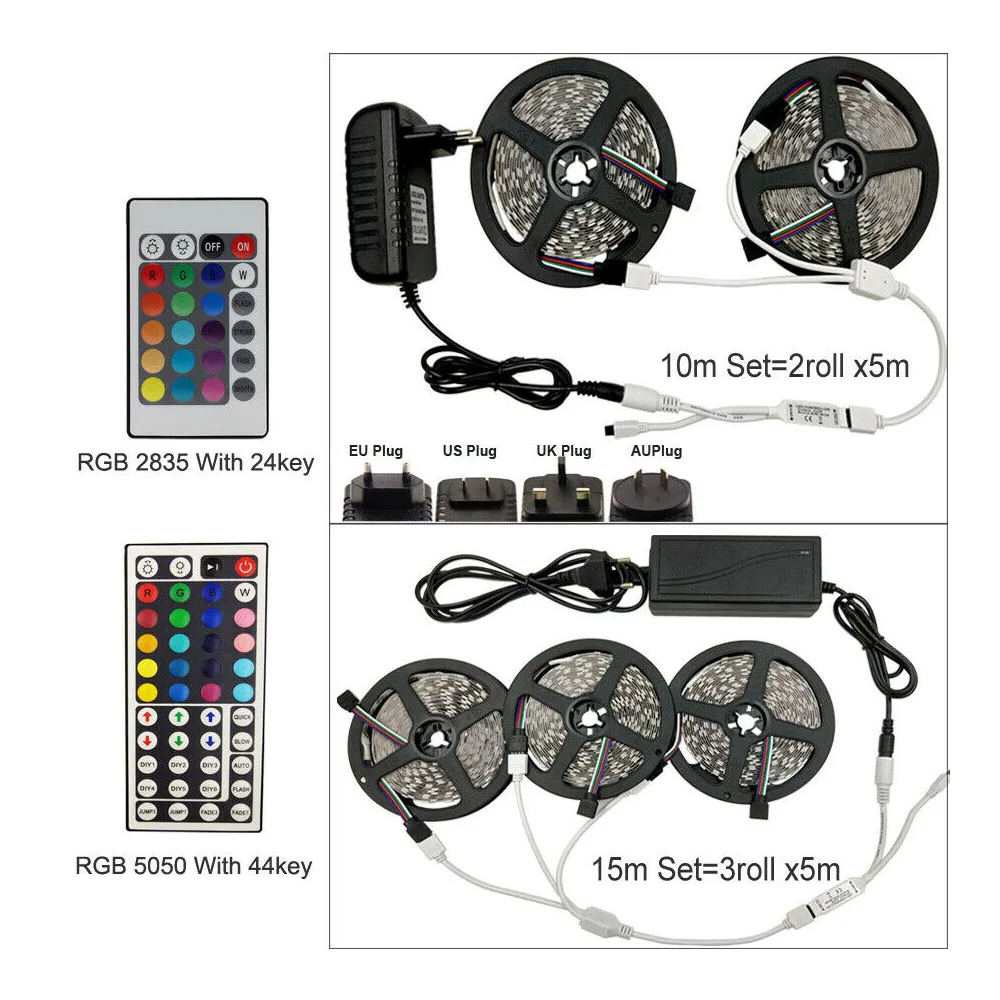 

DC 12V LED Strip Light RGB 5050 SMD 2835 Flexible Ribbon fita led light strip 5M 10M 15M Tape Diode+ Controller+ Power full kit