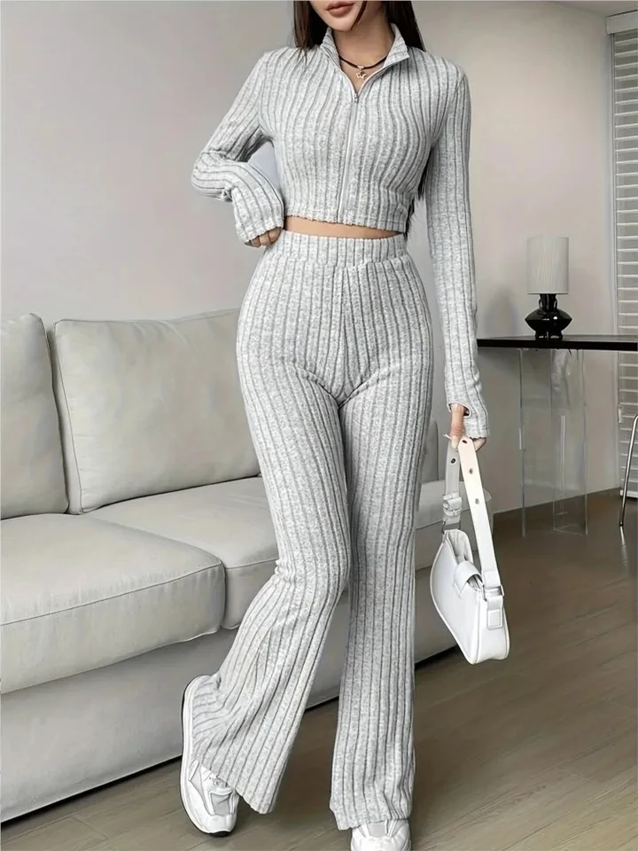 

Fashion Knitted Ribbed Trousers 2 Piece Set Women Casual Zipper Long-sleeved Cropped Top + High-waisted Flared Pants Female Suit