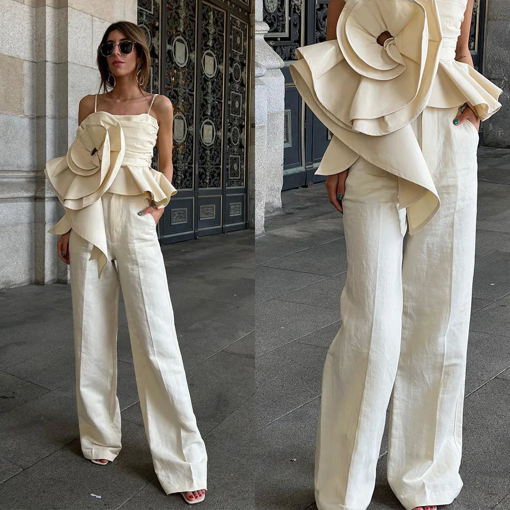 

Spaghetti Straps 2 Pieces Modern Women Suit Linen Blend Top Pants Sexy Mother Of The Bride Work Wear Fashion Prom Tailored