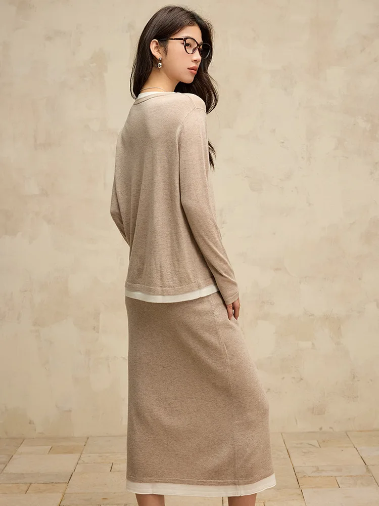 Jesienny sweter wełniany z efektem dwuczęściowego stroju, z dekoltem w kształcie litery U, damski, blokowy, luźny, z długim rękawem, dzianinowy pulower.