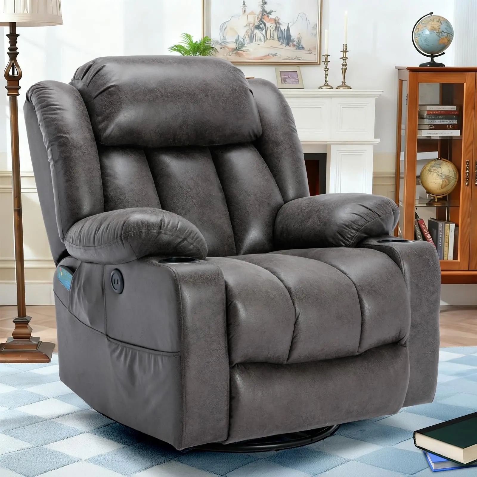 360° Swivel Rocker Recliner Chair with Heat and Massage, Manual Glider Rocking Reclining Chair, Swivel Overstuffed