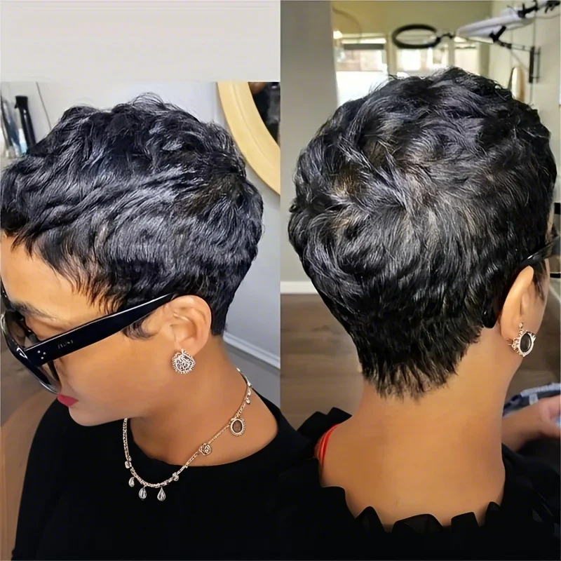 6inch Short Pixie Cut Straight Wig 100% Human Hair for Women Machine Made with Pre-Styled Bangs Tangle-Free Natural Hairline image 4