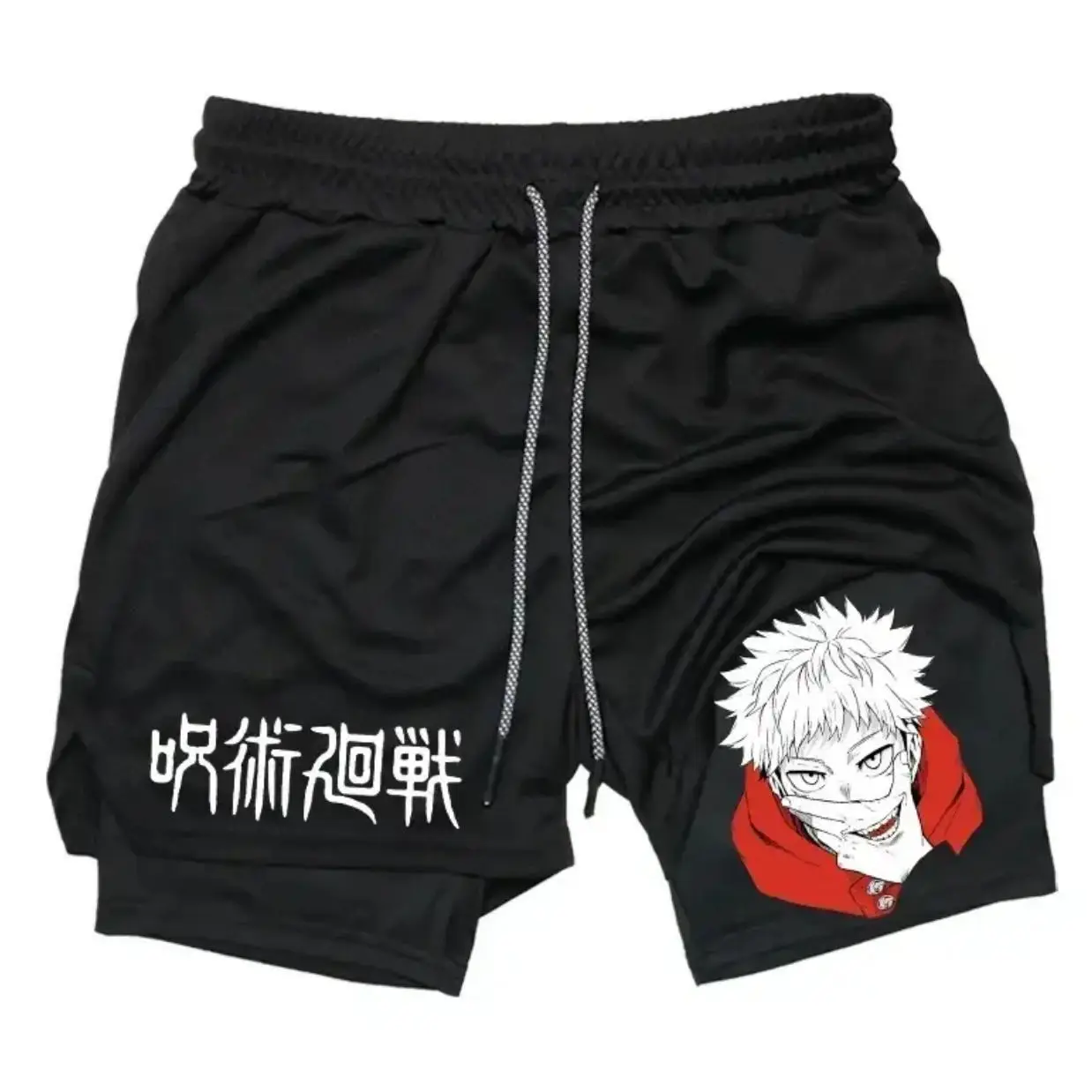 남성 스포츠 반바지 여름 Jujutsu Kaisen Anime 프린트 더블 레이어 2-in-1 반바지 체육관 복싱 러닝 바지 빠른 건조 반바지