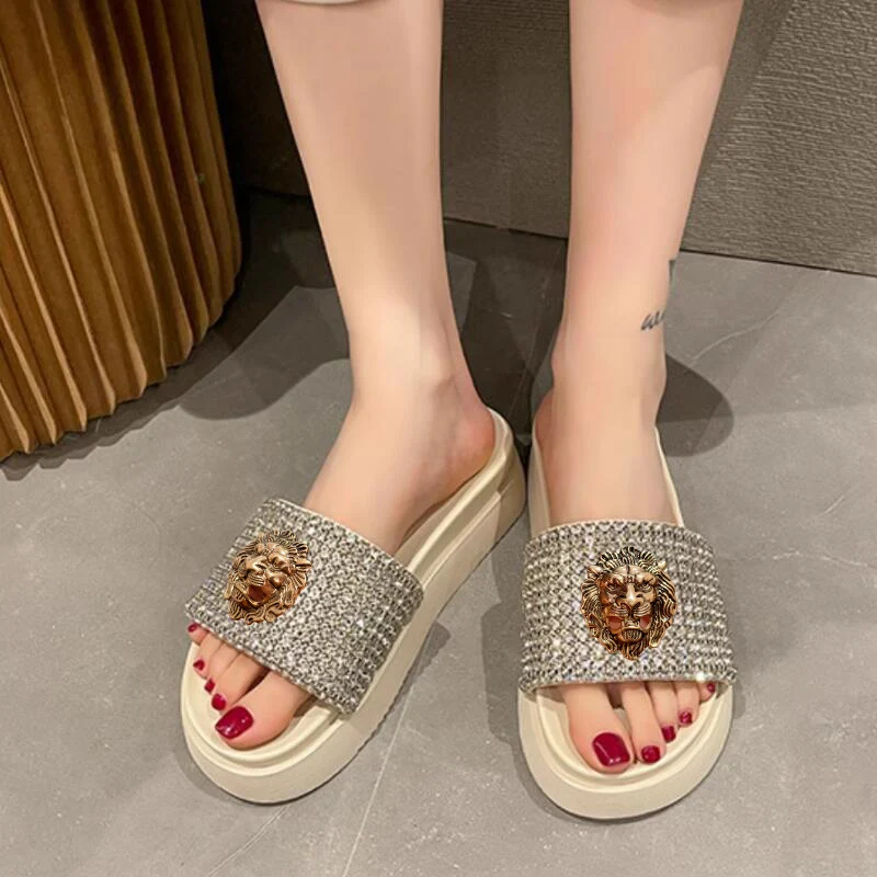 Net red slippers female summer wear non-slip muffin thick sole flip-flops 100 wedge heel rhinestone beach shoes 35 - Image 6
