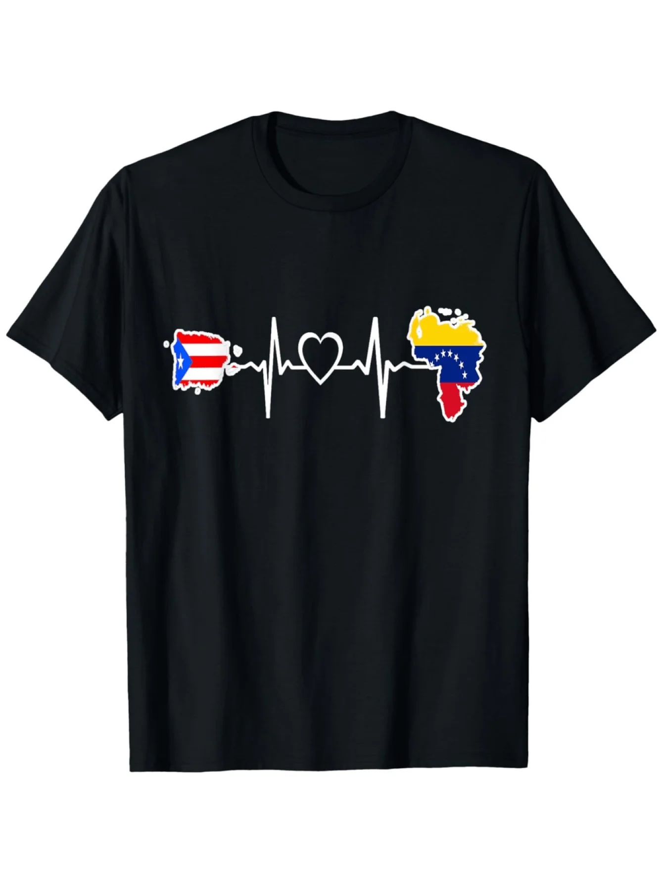 Men's Puerto Rico & Venezuela Flag Heartbeat Unity Graphic T-Shirt - Black Casual Regular Fit Round Neck Tee, Machine Washable A