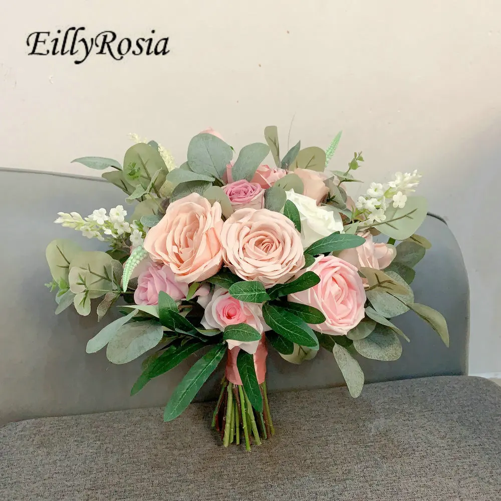 

EillyRosia Retro White and Pink Bridal Bouquet de Mariage Hand-tied ramos de novia para tirar Artificial Wedding Flowers Holding