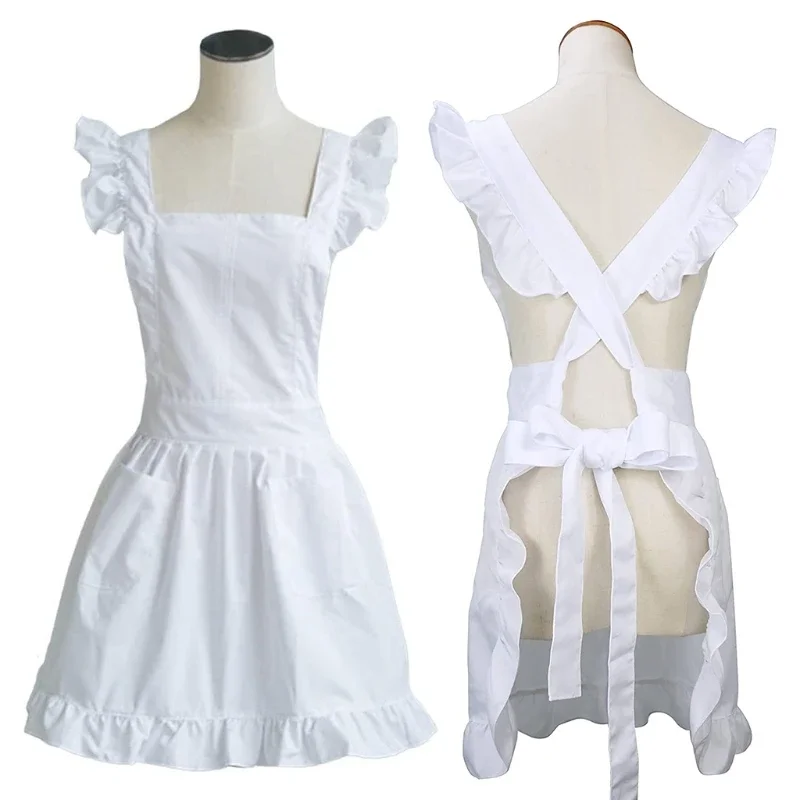 Womens Girls Ruffles Outline Retro White Apron Adjustable Victorian Bib Maid Cosplay Kitchen Cake Baking Cooking Cleaning