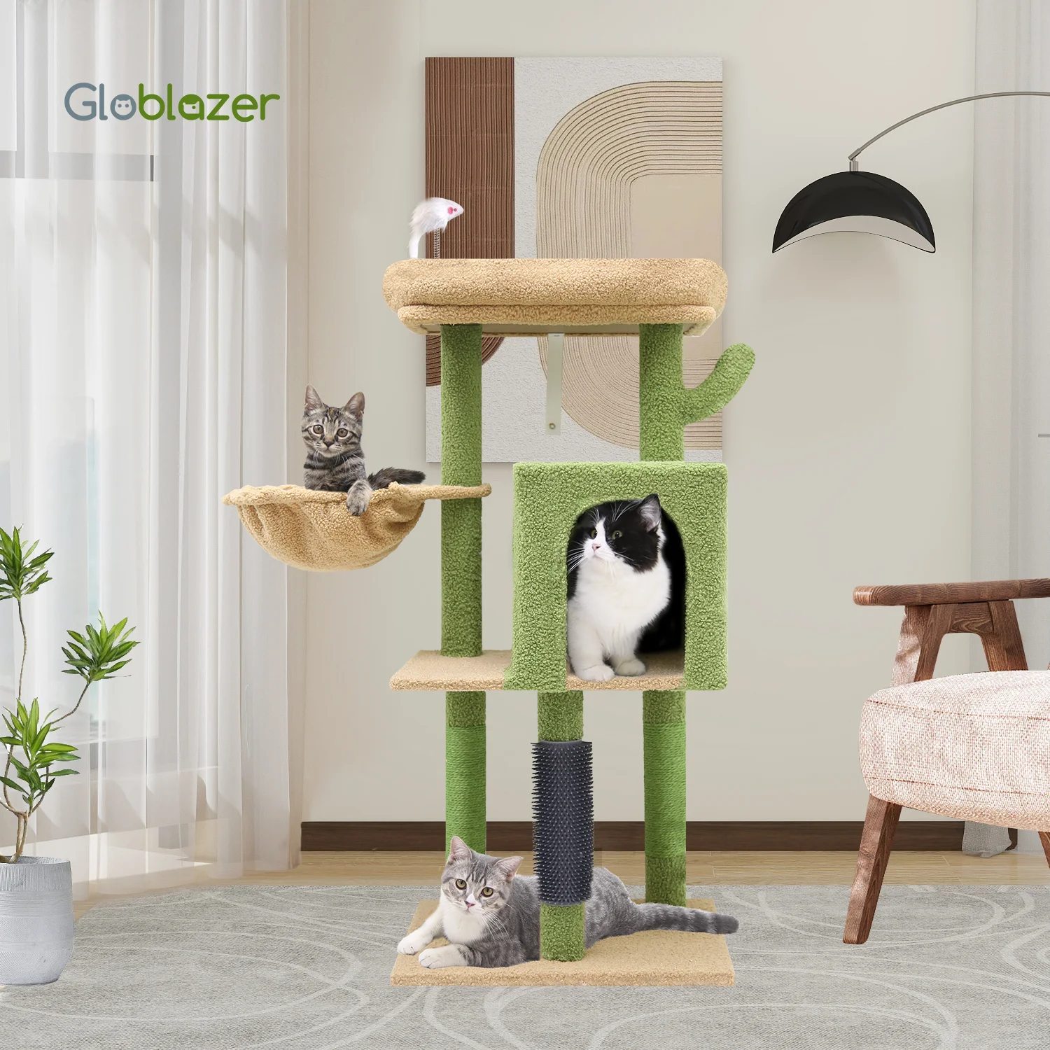 F46B Spacious Adventure Cat Tree Tower | 46-Inch Sturdy Cat Condo with Multiple Platforms, Hammock, and Anti-Tip Kit，Light Gray