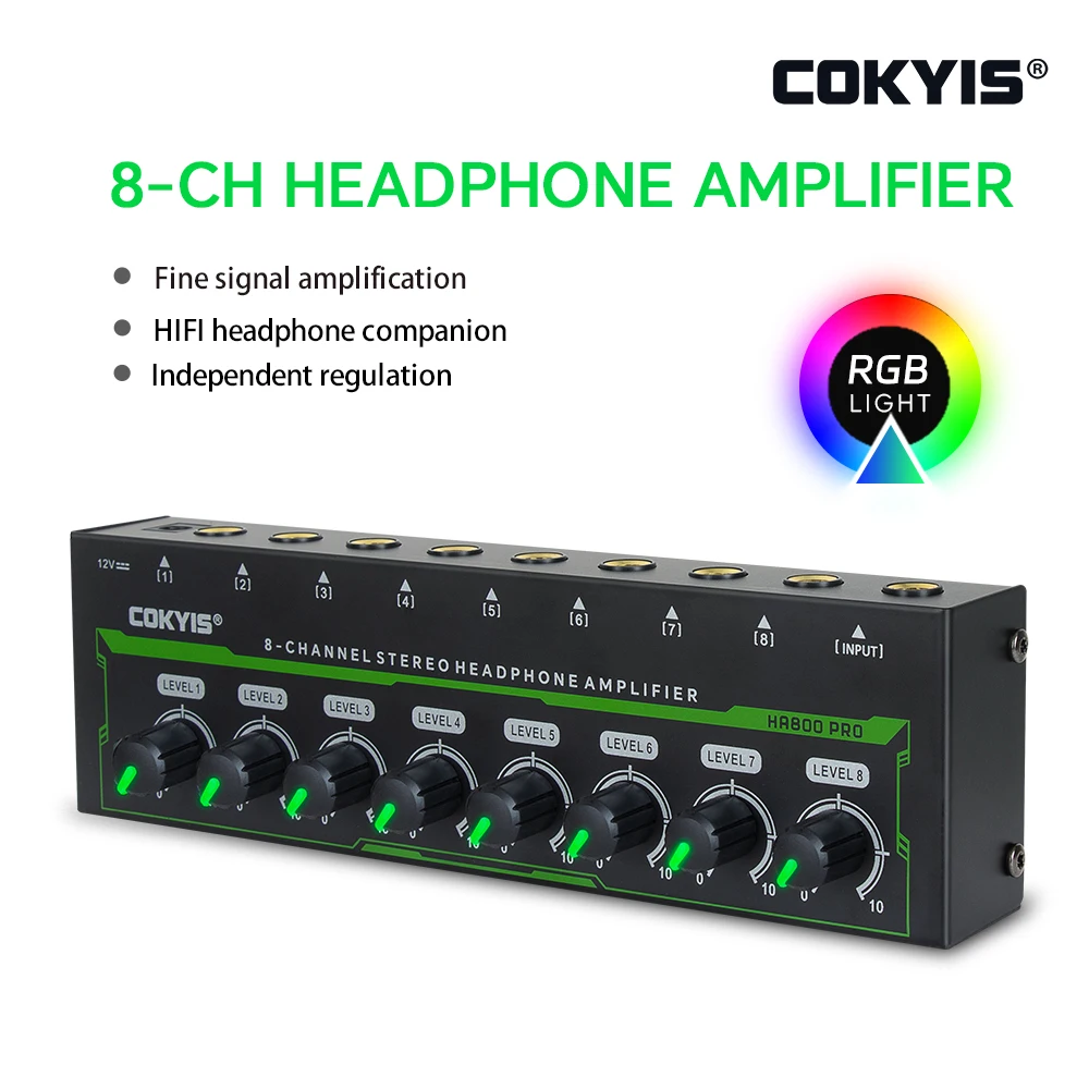 

HA800 PRO Audio Amplifier 8 Channels Mini Stereo Headphone Amplifier for Studio Mixing Home KTV headphone with Power Adapter RGB