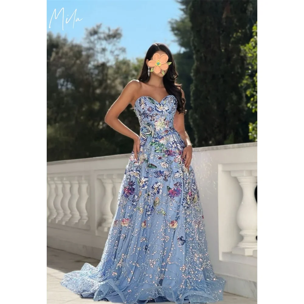 

Мила Синие свадебные платья с вырезом в форме сердца, индивидуальные вечерние платья без рукавов с 3D цветком на молнии, трапециевидное платье de fiesta