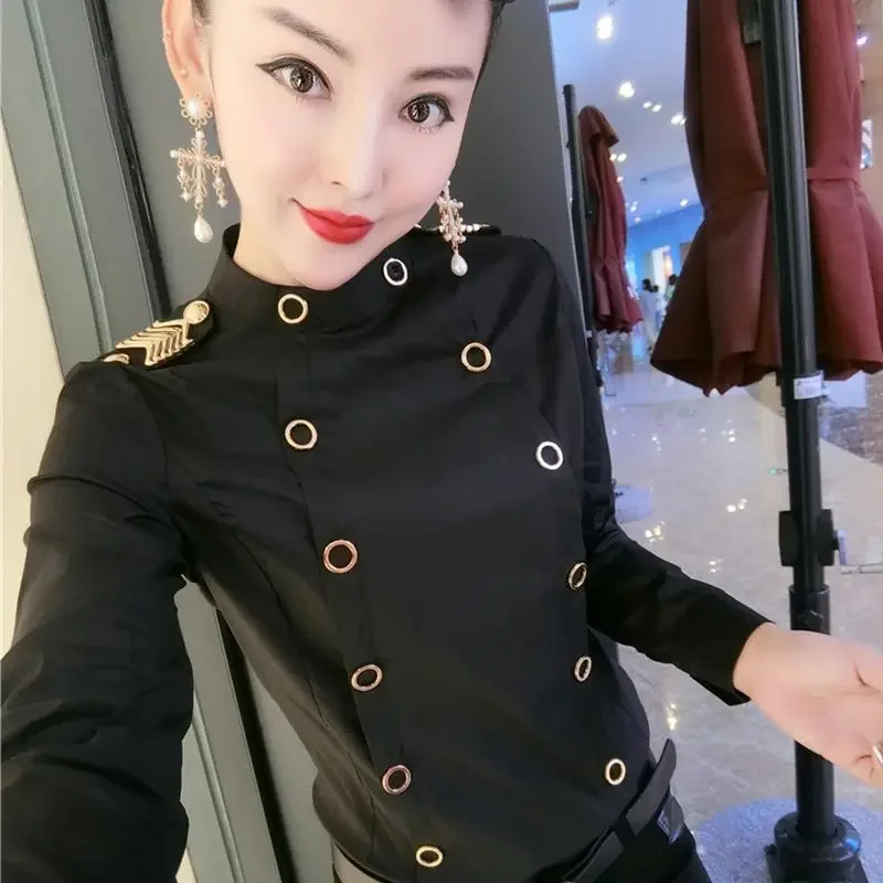 Chic Business Blouse Long Sleeve Women Clothing Solid Color Buttons Tops Shirts Slim Fit Stand-up Collar Shirt Casual High-end