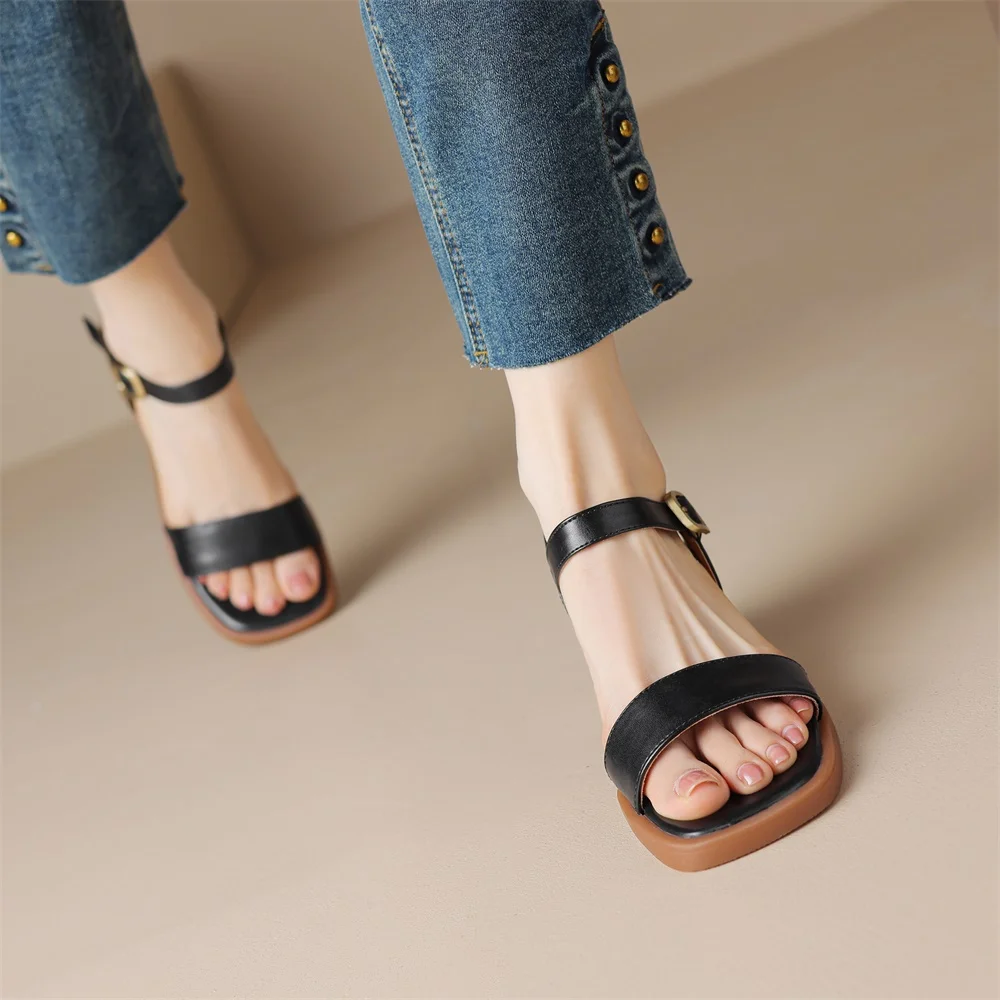 Taoffen Casual Women\'s Sandals Summer One Word Belt Square Heel Roman Sandals Handmade Female Open Toe Metal Buckle Strap Shoes