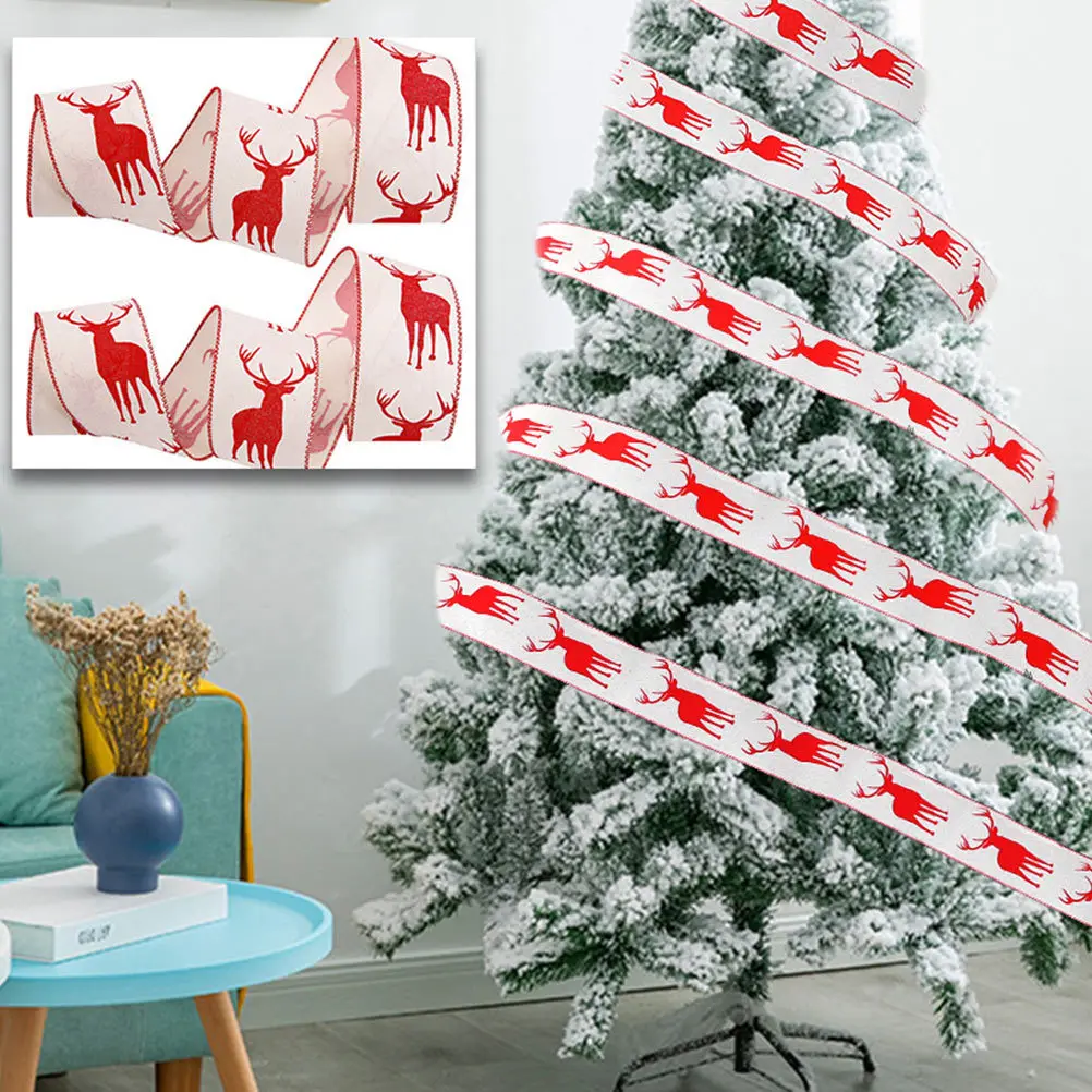 

1 Roll Elk Print Linen Burlap Ribbon Wide for Christmas Wreath Decor Artificial Wire Gift Wrap