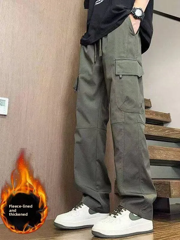 Thickened Fleece Workwear Straight Leg Pants Men's Multiple Pockets Wide Leg Long Trousers Autumn Winter Loose Drawstring Cas...