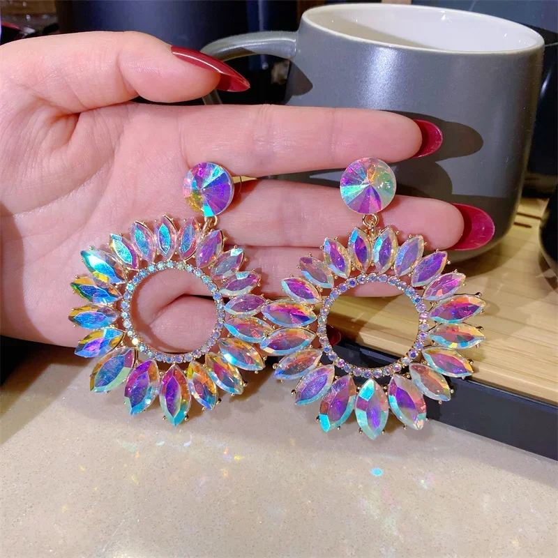 Shine Flower Crystal Drop Earrings Water Drop Geometric Rhinestones Earrings Women Fashion Jewelry Gifts