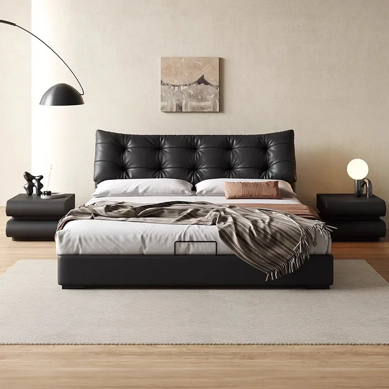 سرير إيطالي بسيط من جلد الدب الأسود، غرفة نوم رئيسية فاخرة وخفيفة الوزن #3