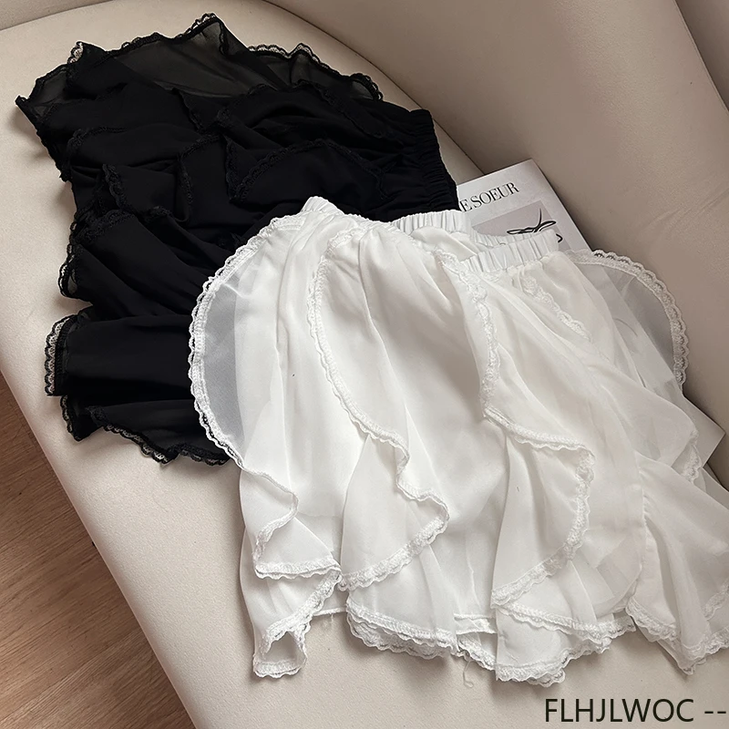 Faldas románticas con volantes para mujer, minifaldas blancas de encaje calado de cintura alta, estilo coreano, dulce, Lolita, novedad de 2025