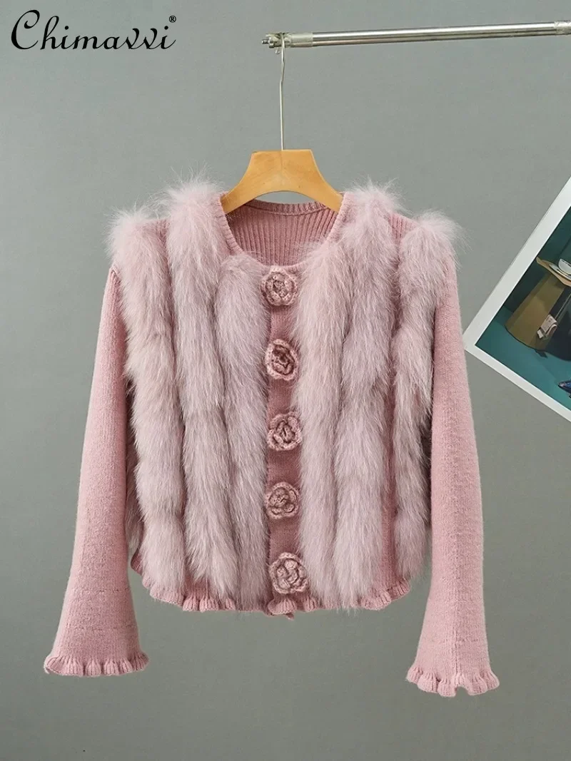 

Spring and Autumn European Three-dimensional Flower Real Fox Hair Splicing Sweater Knitted Cardigan Thin Horn Sleeve Top Women