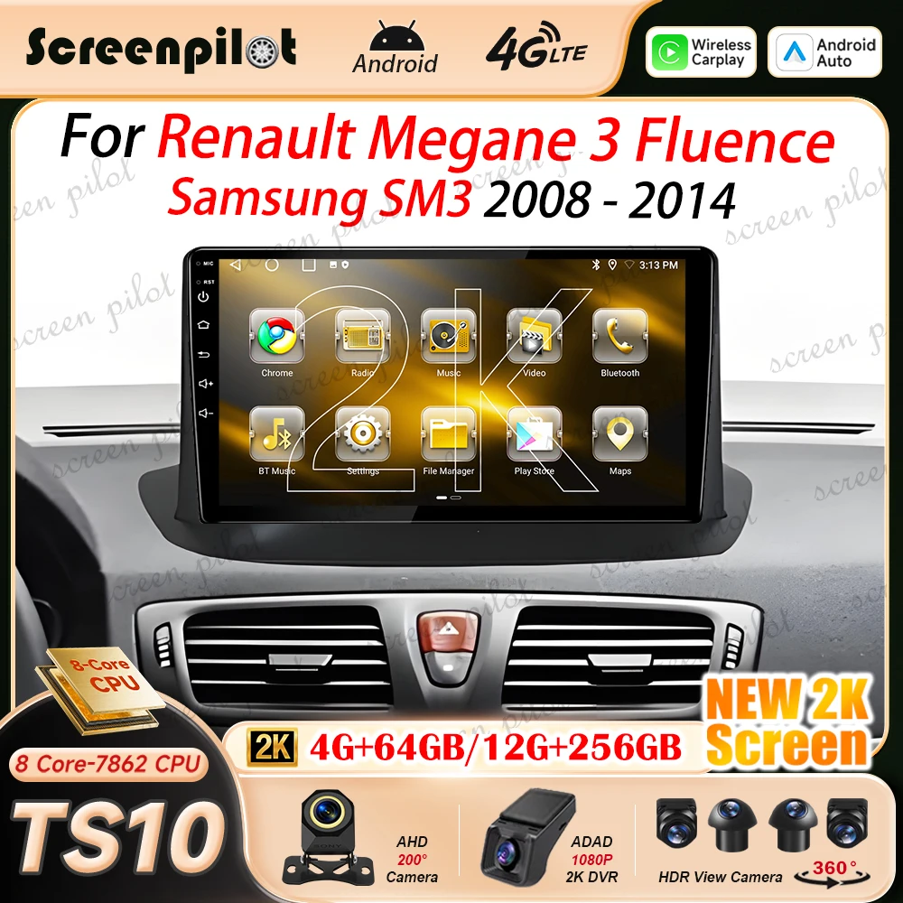 Android 16 Car Carplay Auto For Renault Megane 3 Fluence Samsung SM3 2008 - 2014 Multimidia Player GPS Radio Stereo 8 Core CPU
