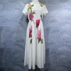 New 2025 Spring Long Dress High Quality Cotton Women Pink Flower Prints Short Sleeve Casual Bohemian Beach Maxi Dress White