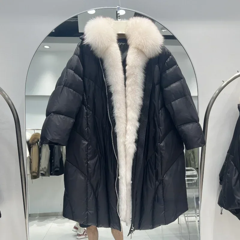 

MENINA BONITA 2023 New Winter Women White Goose Down Jacket Loose Long Luxury Parka Female Warm Puffer Coat Real Fox Fur Collar