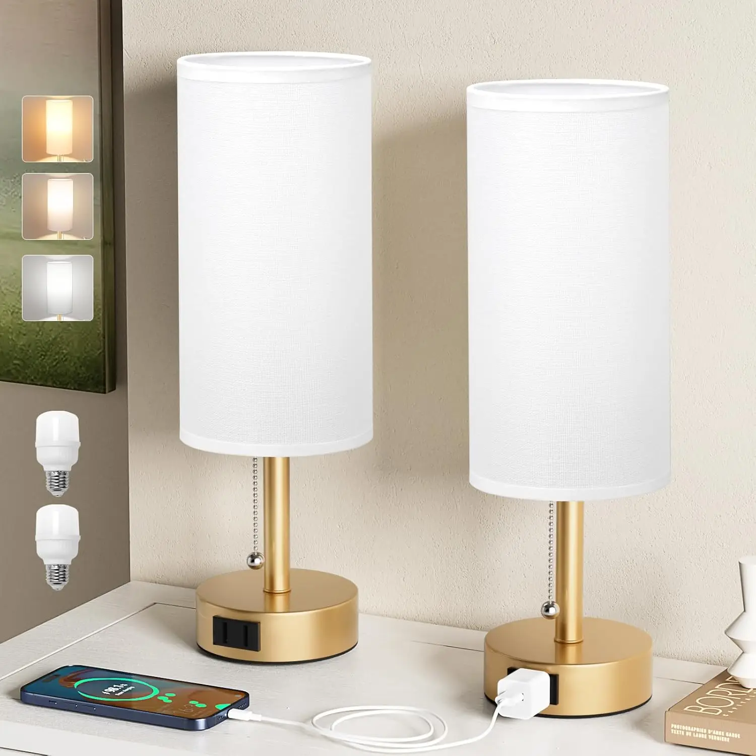 

Набор из 2 прикроватных светильников с 3 цветовыми температурами свечения, розеткой переменного тока и вытяжной цепочкой — идеально подходят для спальни, офиса, гостиной