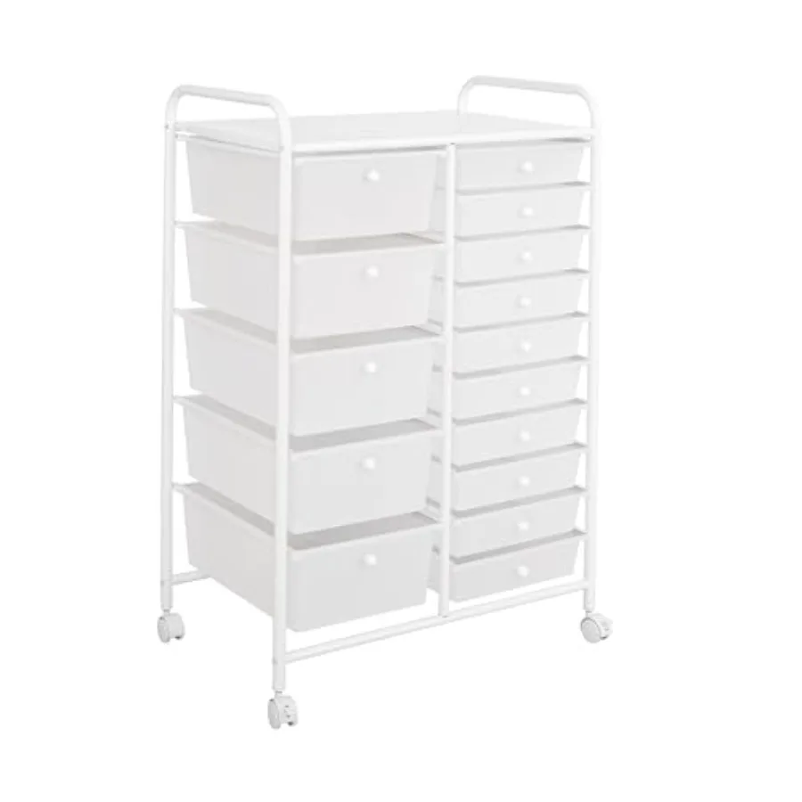 

Rolling Utility Organizer Storage Cart for Home Office School Classroom Scrapbook Hobby Craft 15 Drawer White