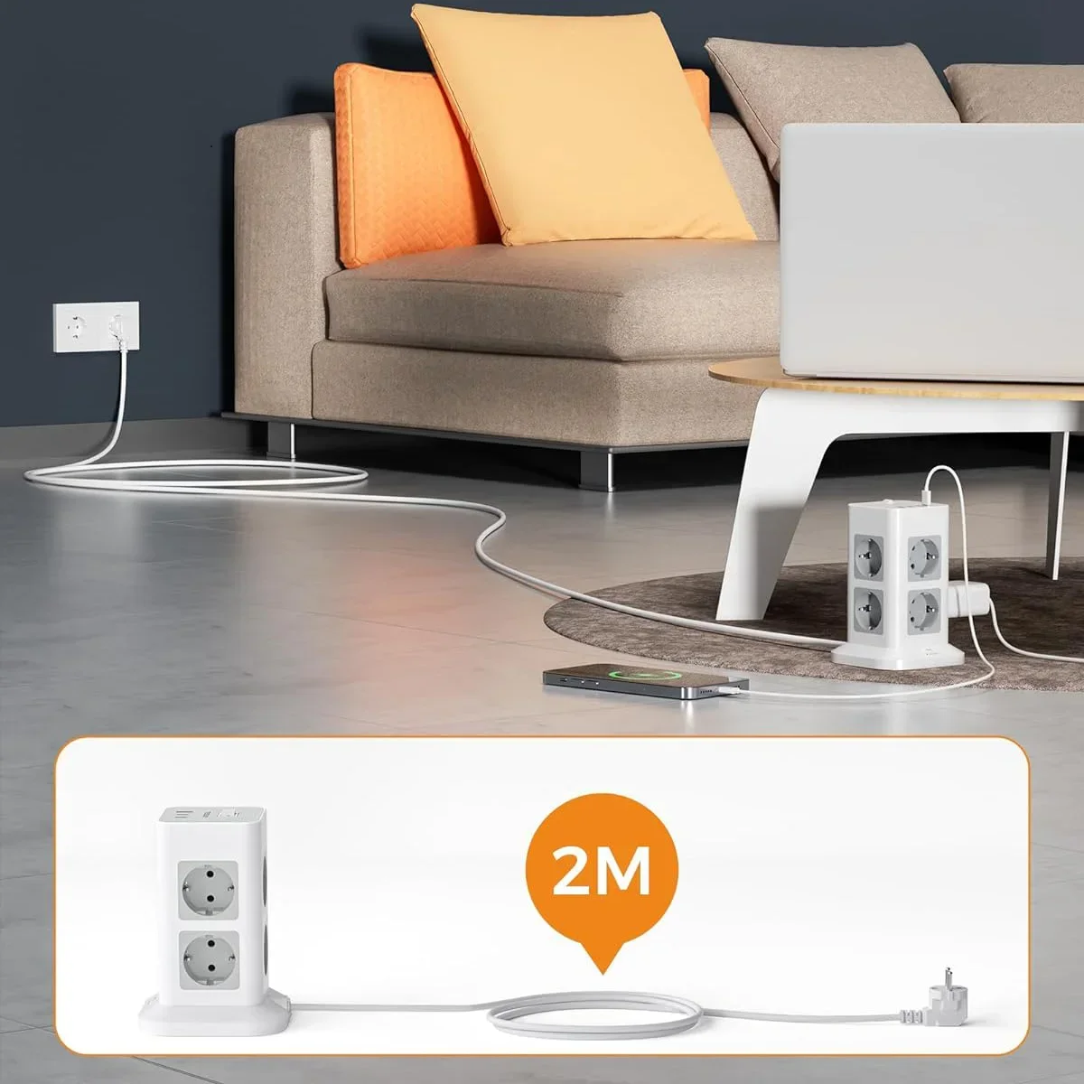 TESSAN Multipresa a Torre con 8 Prese 1 USB 2 Tipo C Presa a Torre Verticale con Prolunga da 2 M Protezione da Sovratensione 