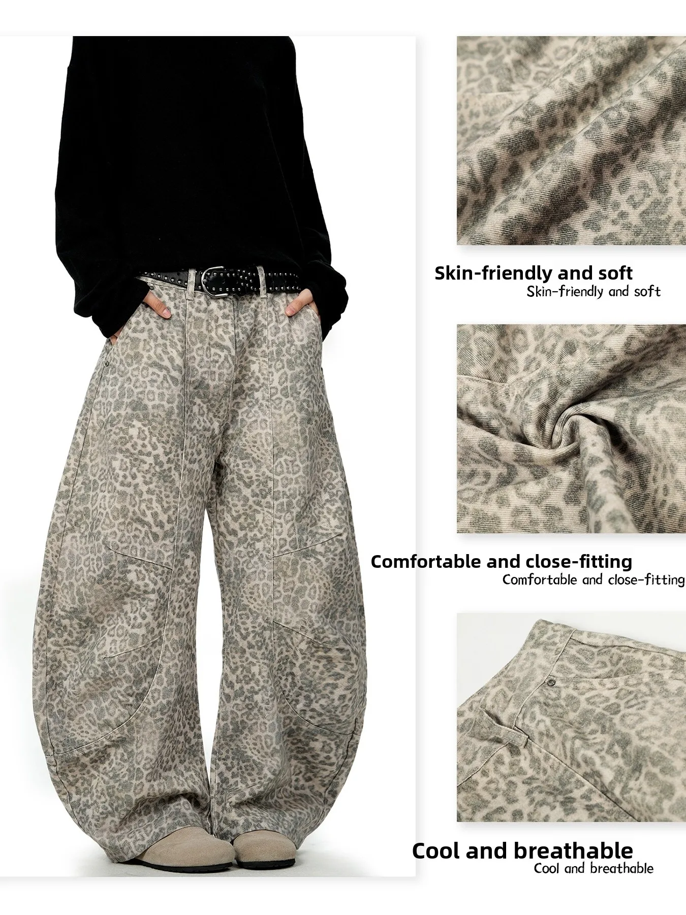 

American Style Leopard Print Wide Leg Pants Men's Pleated Loose Slimming Casual Long Trousers Unisex Straight Cut Workwear