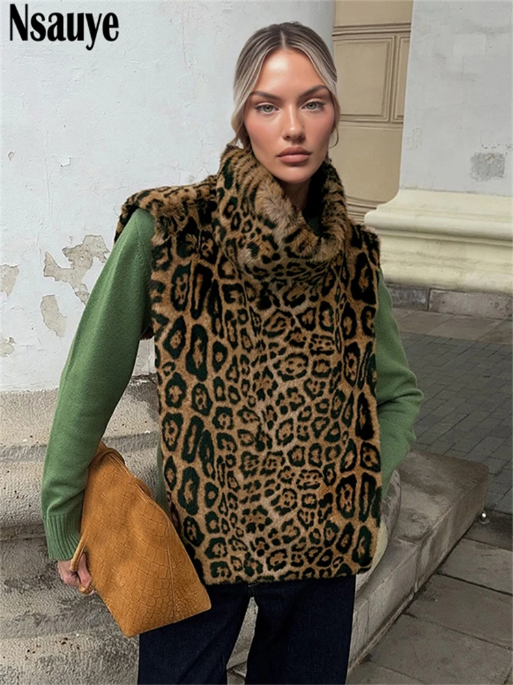 

Nsauye Female Faux Fur Women Winter Fashion Mini Leopard Print Y2K Vest Coat Casual 2025 Sleeveless Turtleneck Outerwear Tops
