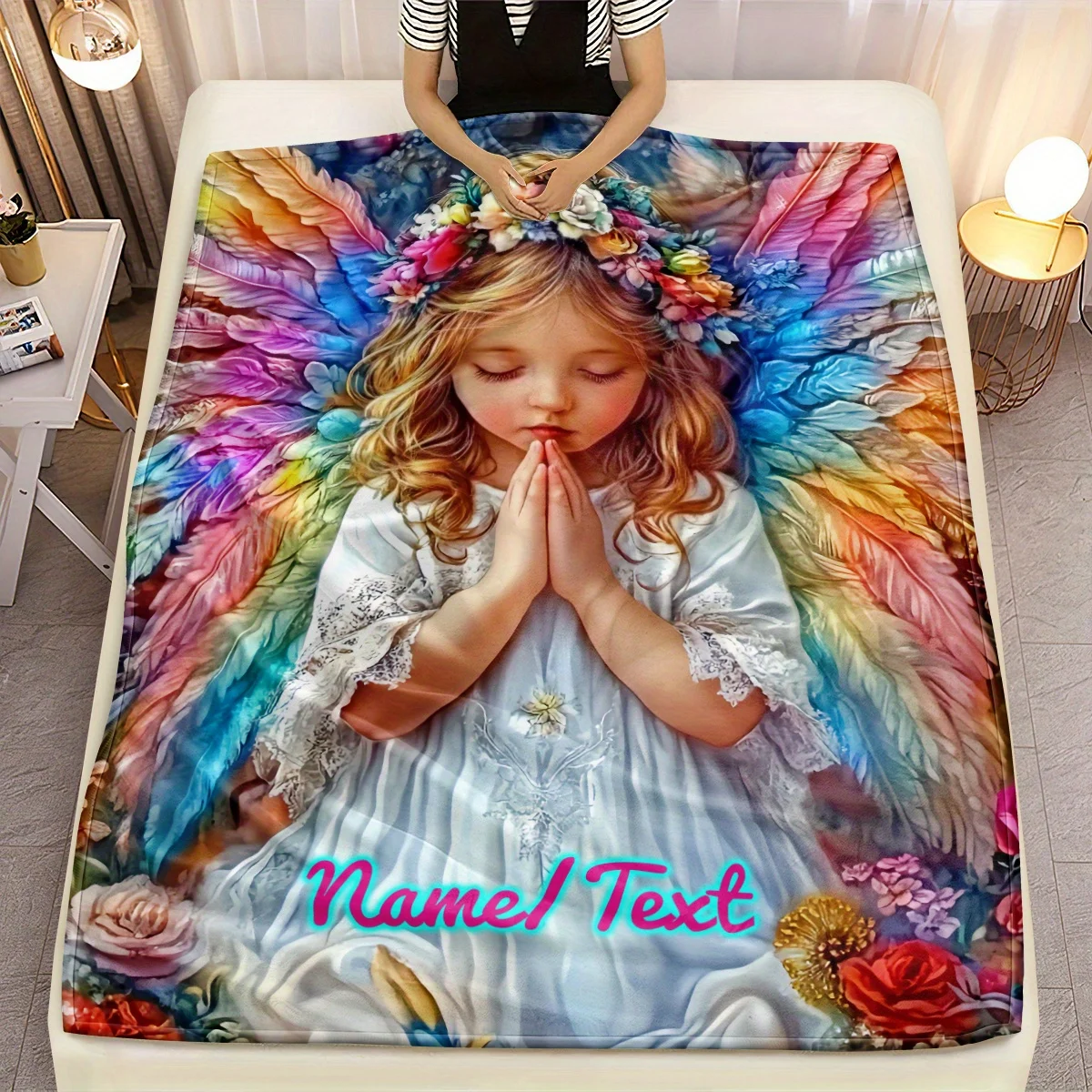 Personalisierte Flanelldecke mit individuellem Namen, Engelsmädchen, weich, leicht, Überwurf mit lebendigem Digitaldruck, perfekt für das Sofa, das Zuhause