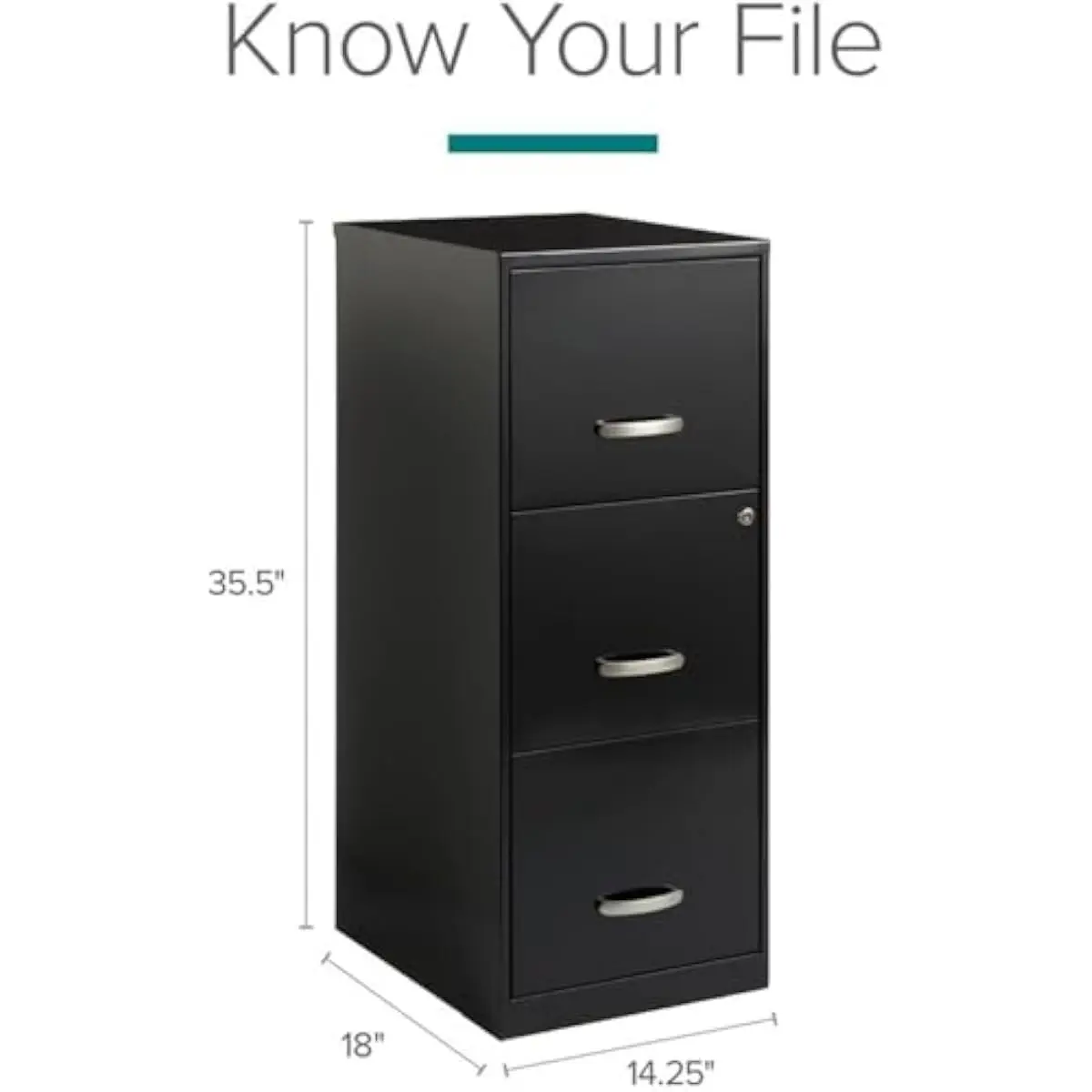 Three-drawer vertical file cabinet in black metal finish measuring 35.5 inches tall with letter-size drawer capacity ideal for c