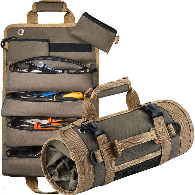 Heavy Duty Roll Up Tool Bag Organizer With 4 Tool Pouches And 2 Detachable Pouches