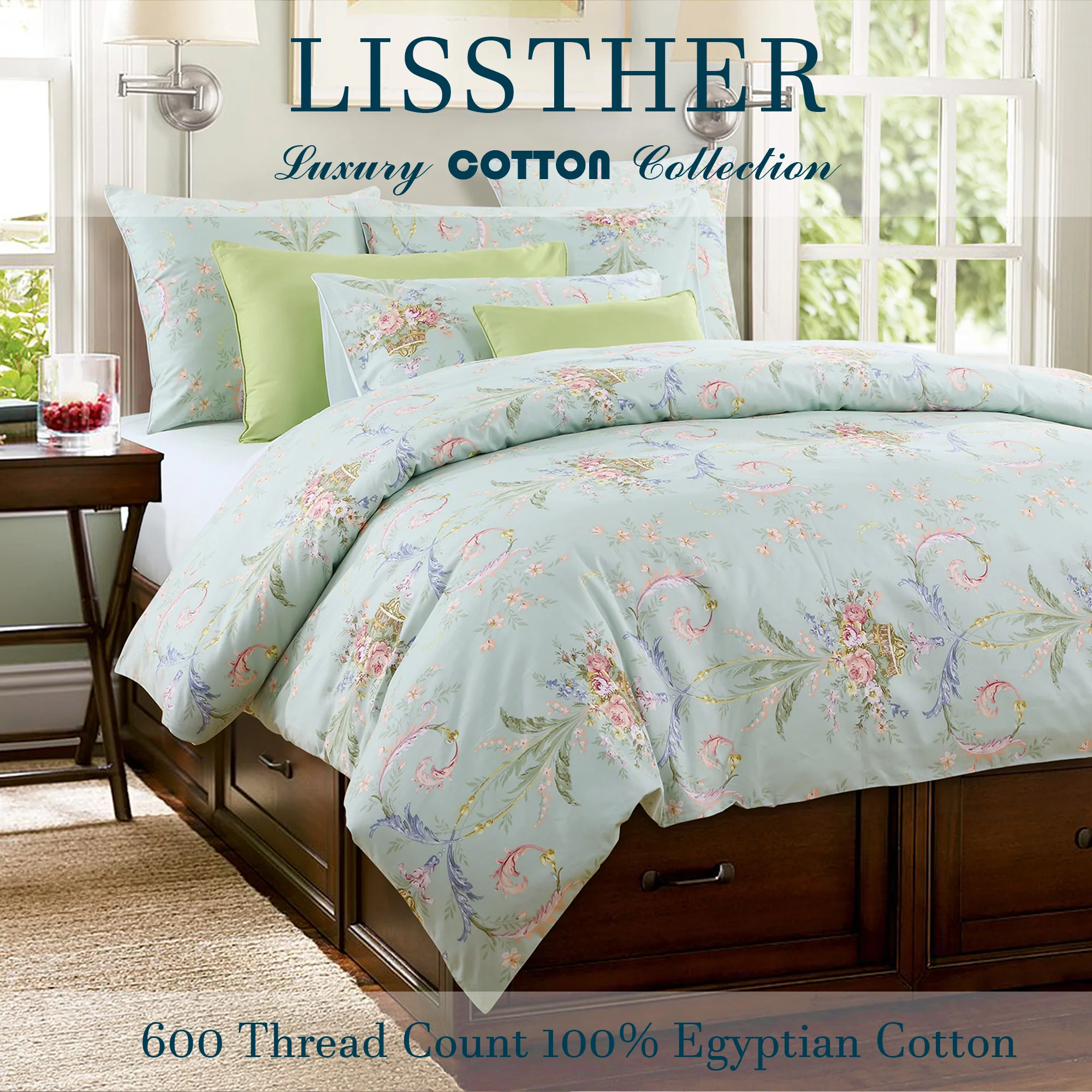 3pcs 600TC 100% Egyptian Cotton Duvet Cover Set, Floral Luxury Art Design, Soft Breathable Skin-Friendly (No Inserts)