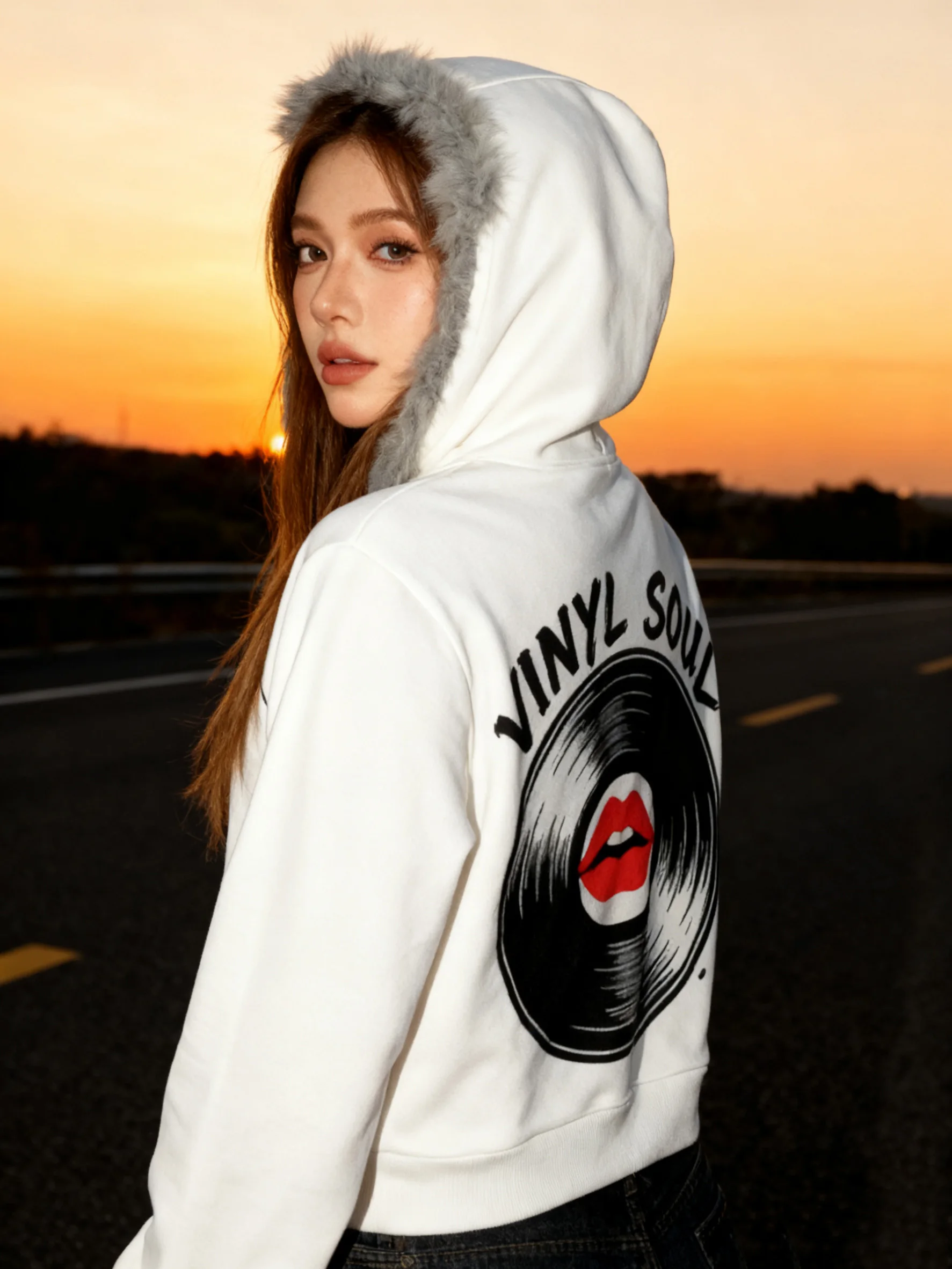 

Women's Faux Fur Lined Hoodie Full Zipper Sweatshirt - Retro Camera/Rose & Vinyl Record Print Trendy Casual Autumn Winter Top