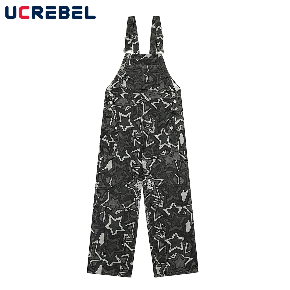 

Five-pointed Star Print Overalls Mens Y2k High Street Pocket Loose Wide Leg Dungarees Trousers Jumpsuit Men