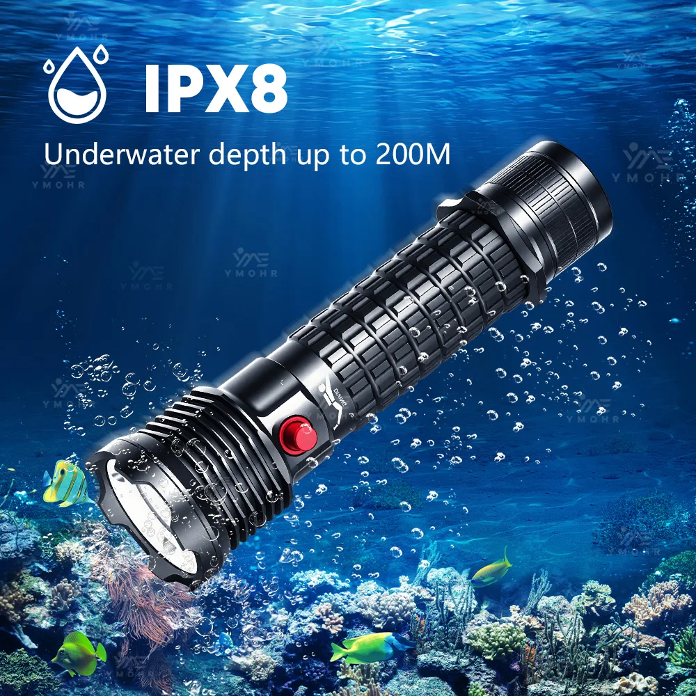 مصباح تحت الماء مستوى التأمين من الماء IPX8 مقاوم للماء عالية الطاقة الغوص مصباح يدوي مصباح يدوي تحت الماء مقاومة الانزلاق300000LM الألومنيوم الغوص الشعلة USB قابلة للشحن مصباح غوص بالطاقة مصباح تحت الماء