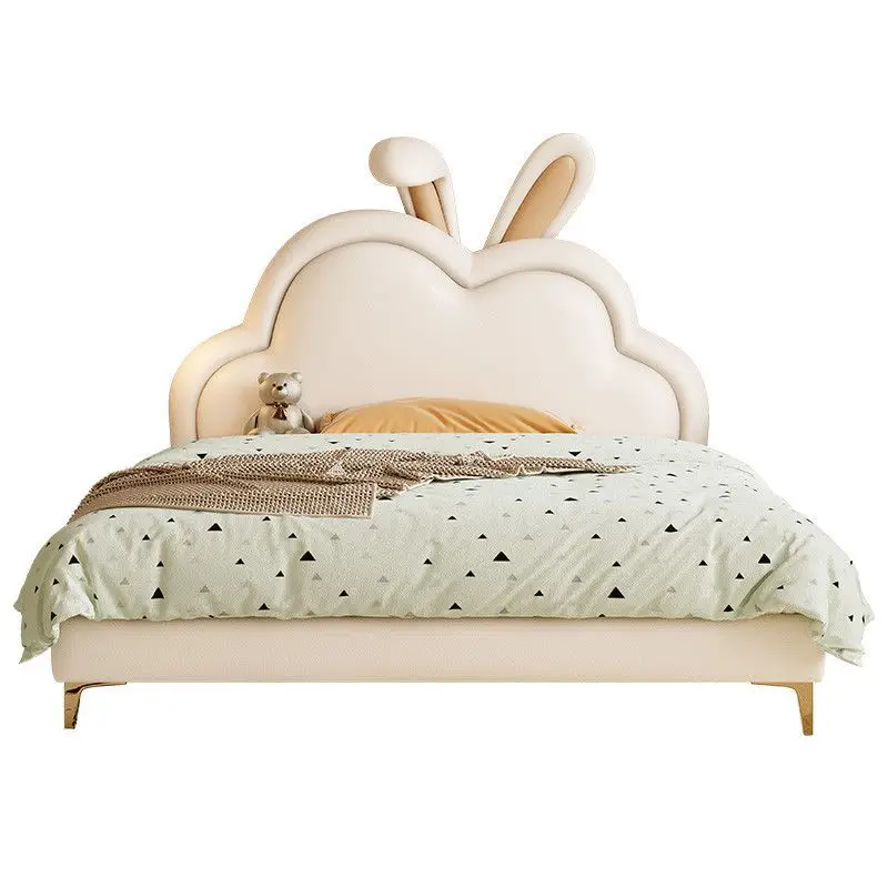 Bed girl rabbit cloud princess room, small apartment light luxury modern single leather girl bed