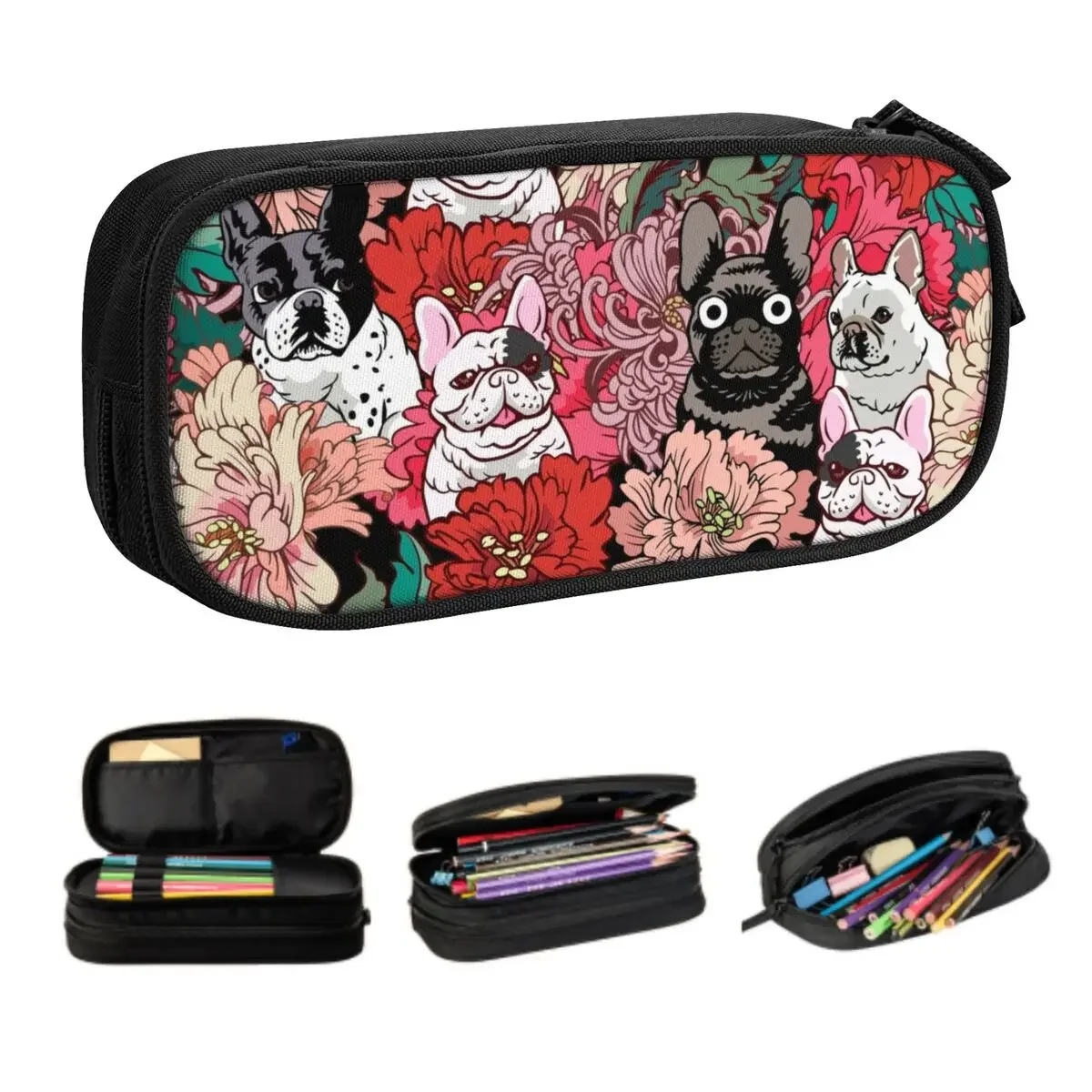 Fransız Bulldog Çiçekler Kawaii kalem kutusu kız erkek büyük depolama frendog köpek sevgilisi kalem kılıfı öğrenciler kırtasiye