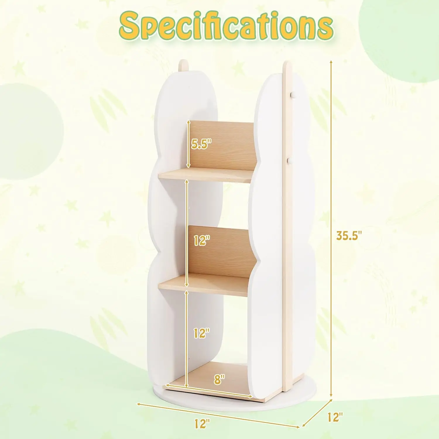 Rotating Kids Bookshelf Wooden 360° Spinning Corner Organizer w/Baffles, 3-Tier Toddler Shelf for Nursery & Playroom, Customized