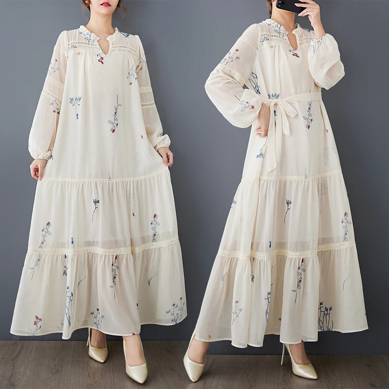 

2025 Spring Autumn New Loose Art Fashion Printed Long Sleeve Dress for Women Splicing Versatile Mid To Long Length Dress C69