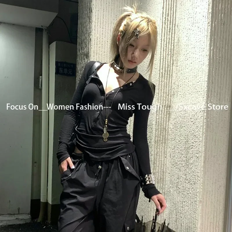 Harajuku Long Sleeve Tee Shirt American Vintage Subculture Y2k Button T-shirt Grunge Aesthetics Black Ribbed Tops Gothic Vintage
