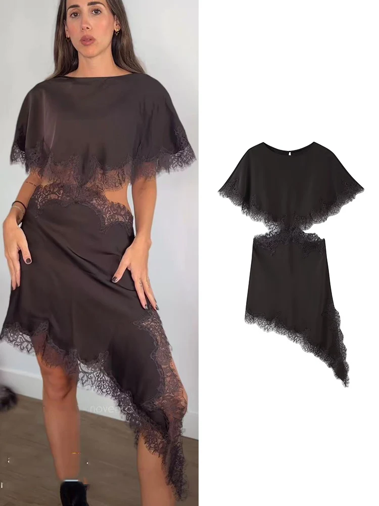 Chic Women Cut Out  Dress Solid Summer New Asymmetrical Lace Midi Dress Round Neck Elegant Party Sexy Ladies Irregular Dress