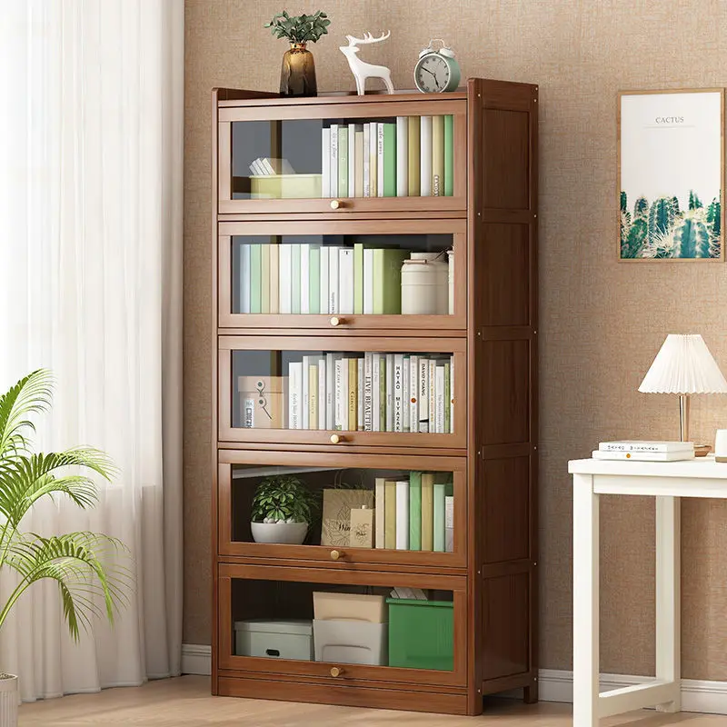 Modern Bamboo Bookshelf Storage Cabinet with Flip Doors 4/5/6 Tier Bookcase for Living Room Bedroom Office image 3