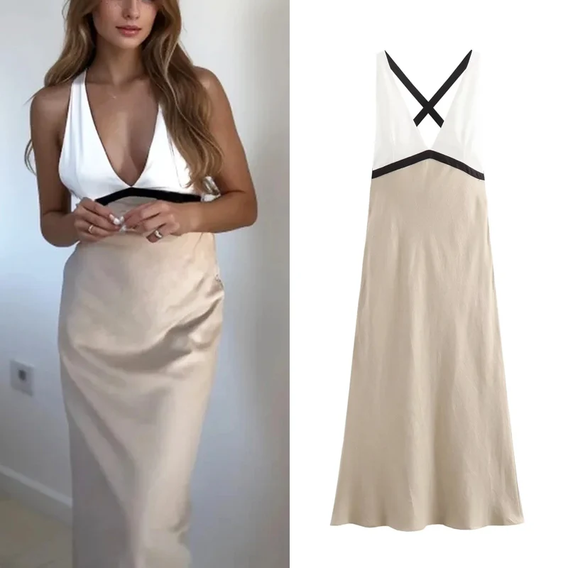 TRAF Long Slip Dresses 2024 Summer Elegant Party Evening Butterfly Midi Dress Ladies Fashion Backless Sleeveless Vestidos