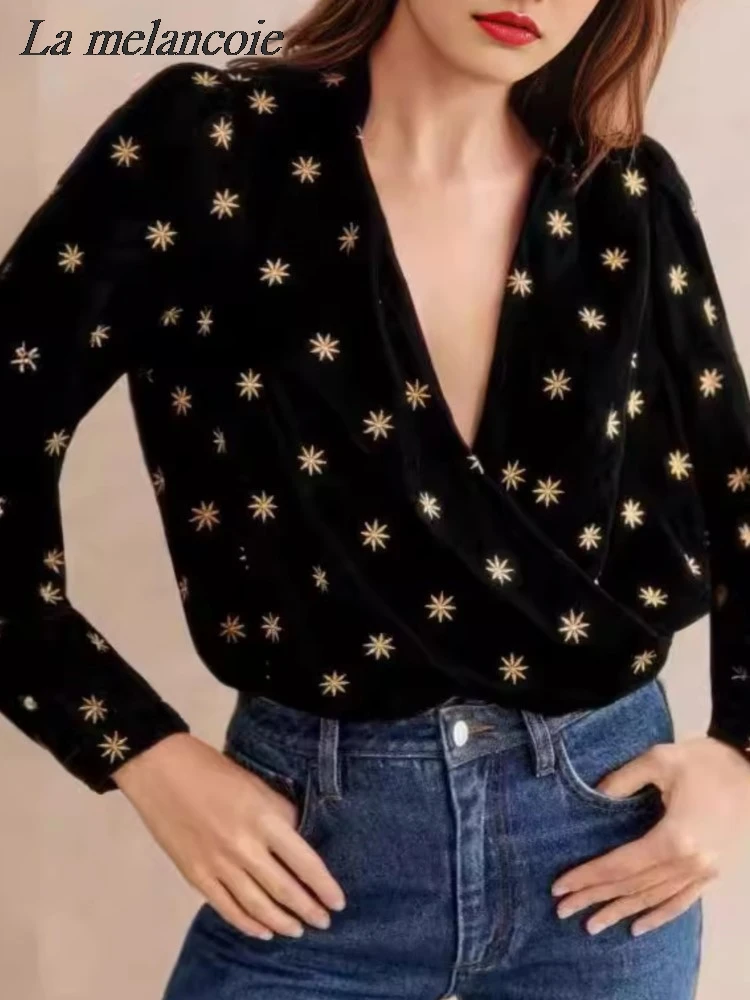 

Gold Star Embroidery Velvet Shirt For Women Spring 2024 New French Sexy Deep V-neck Long-sleeved Shirts Elegant Chic Blouse Tops